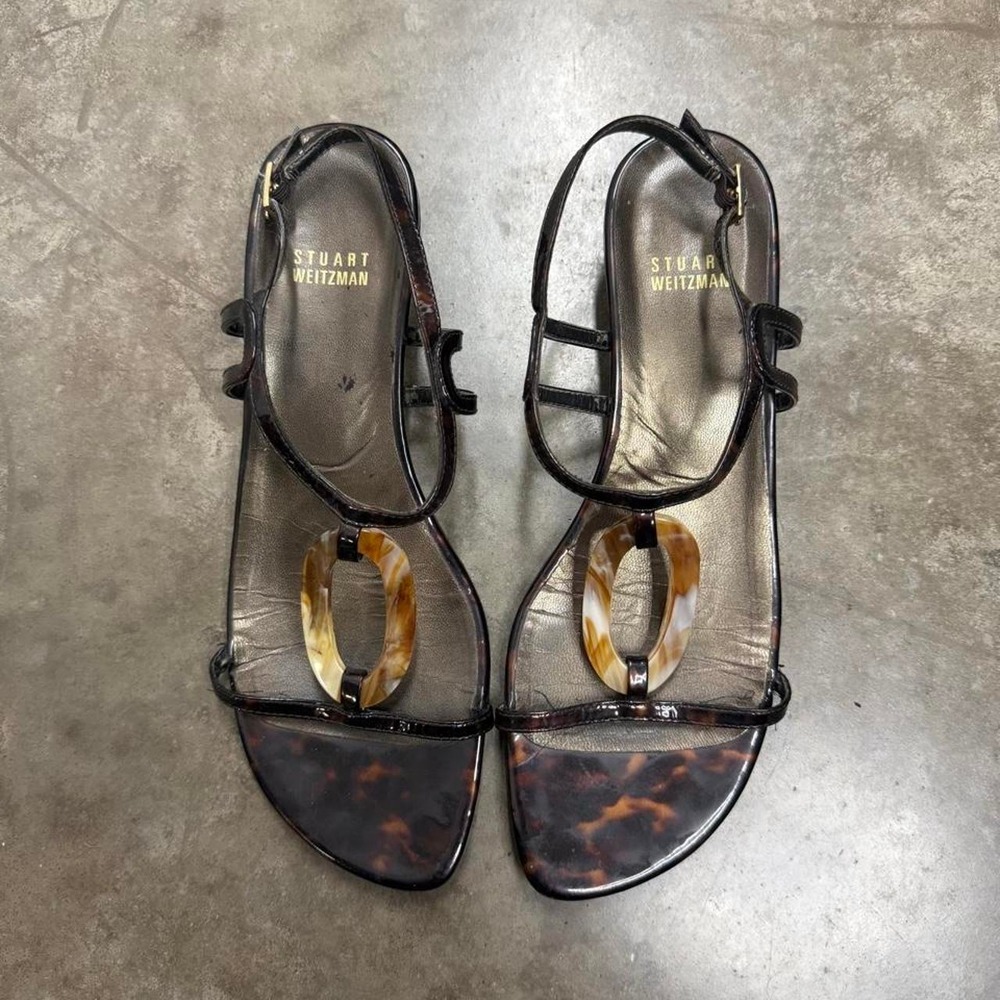 Stuart Weitzman Brown Tortoise Shell Patent Leather Slingback Sandals Womens 9.5 - Picture 2 of 8